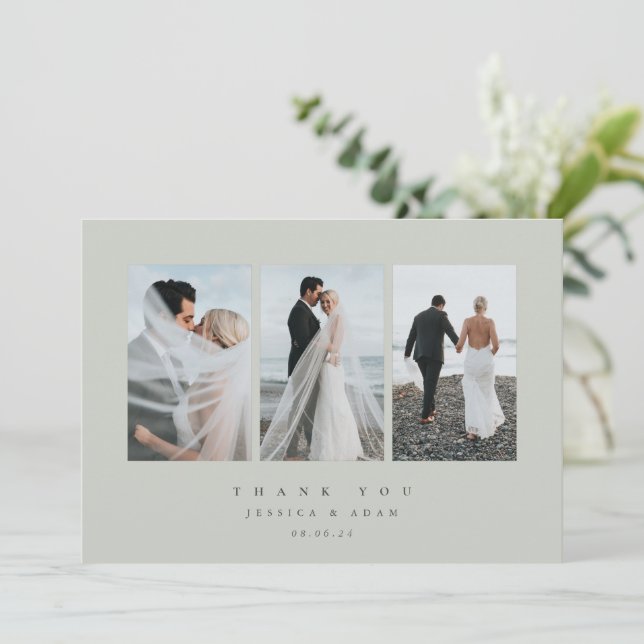 Carte De Remerciements Gris Vert Ultra Minimal Triple Mariage Photo Plat (Debout devant)