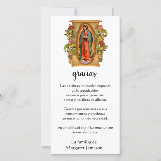 Carte De Remerciements Guadalupe Vierge Marie Condolence funéraire Espagn (Devant)