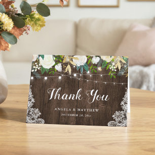 Carte De Remerciements Guirlande Lumineuse Florale Blanche en Bois Rustiq