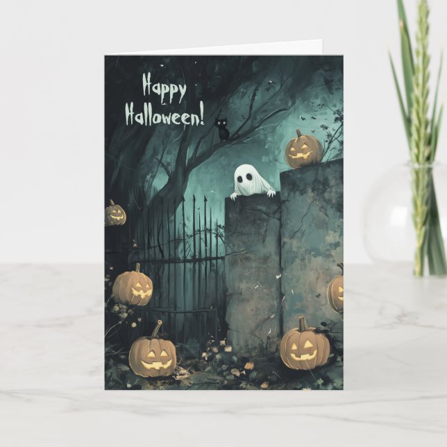 Carte De Remerciements Halloween avec fantôme et chat noir (Devant)