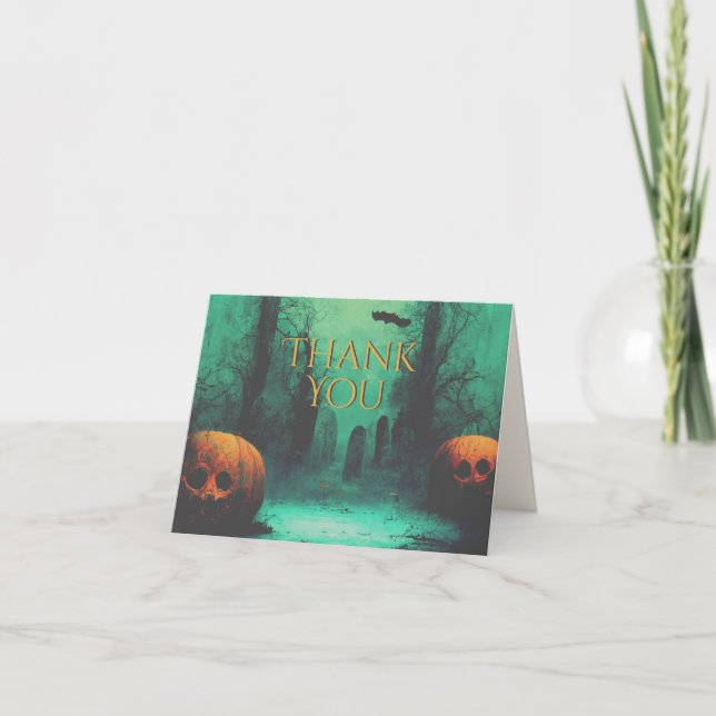 Carte De Remerciements Halloween Citrouilles et cimetières effrayants (Devant)