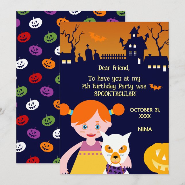 Carte De Remerciements Halloween Costume fille fête d'anniversaire (Devant / Derrière)
