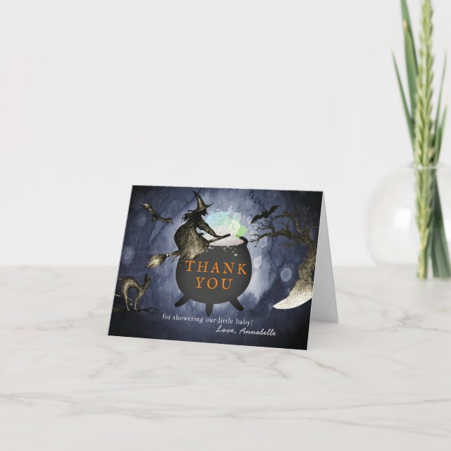 Carte De Remerciements Halloween Sorcière Cauldron Baby shower Ciel de nu (Devant)