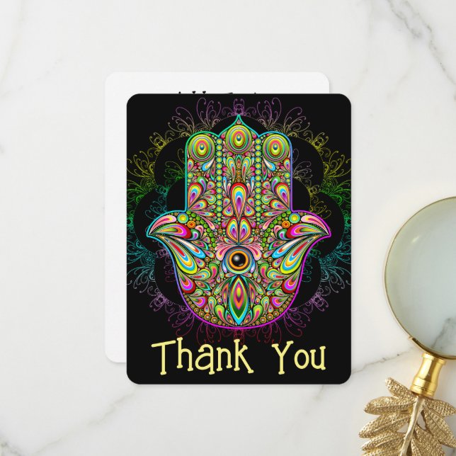 Carte De Remerciements Hamsa Fatma Main Psychedelic Art (Devant/Arrière en situation)