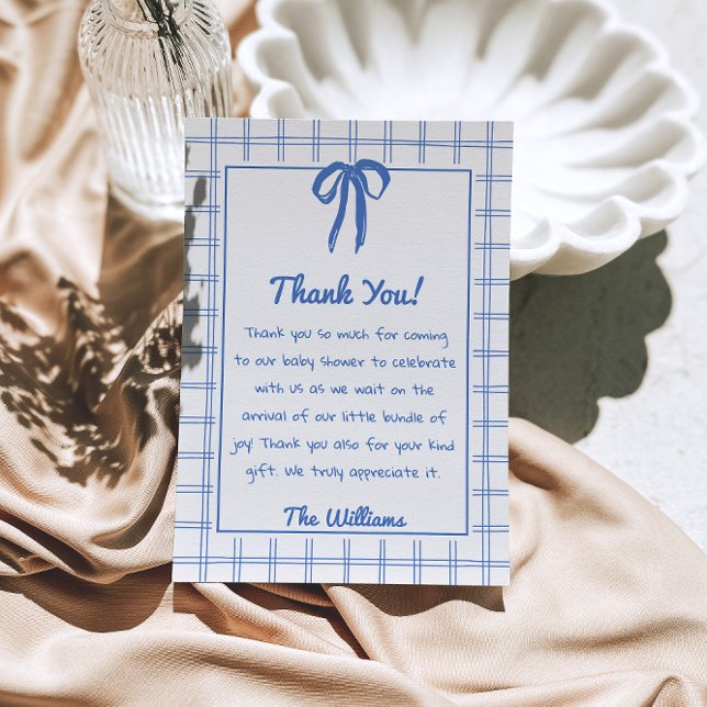 Carte De Remerciements Hand Drawn Blue Bow Gingham Bow Baby Shower   (Créateur téléchargé)