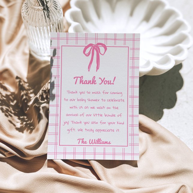 Carte De Remerciements Hand Drawn Pink Gingham Bow Girl Baby Shower  (Créateur téléchargé)
