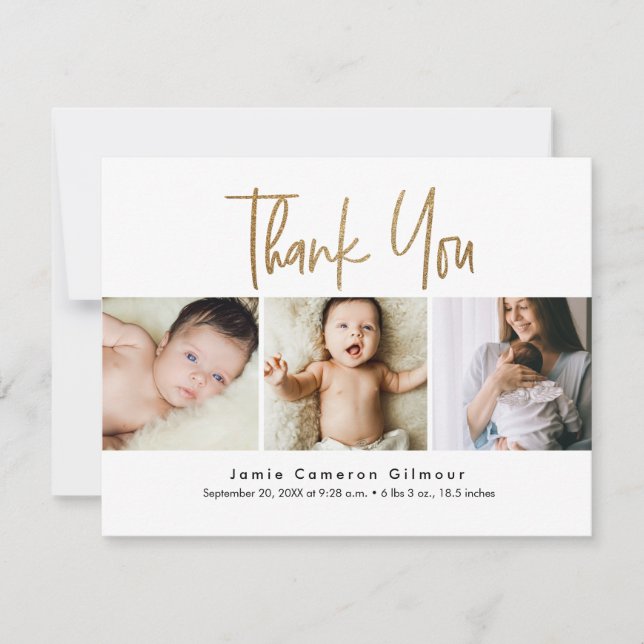 Carte De Remerciements handlettering Gold Script Custom 3 photo Baby (Devant)