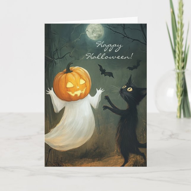 Carte De Remerciements Happy Halloween Chat et Ghost Fun (Devant)