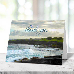 Carte De Remerciements Hawaii Tropical Black Sand Beach Bold Waves Script