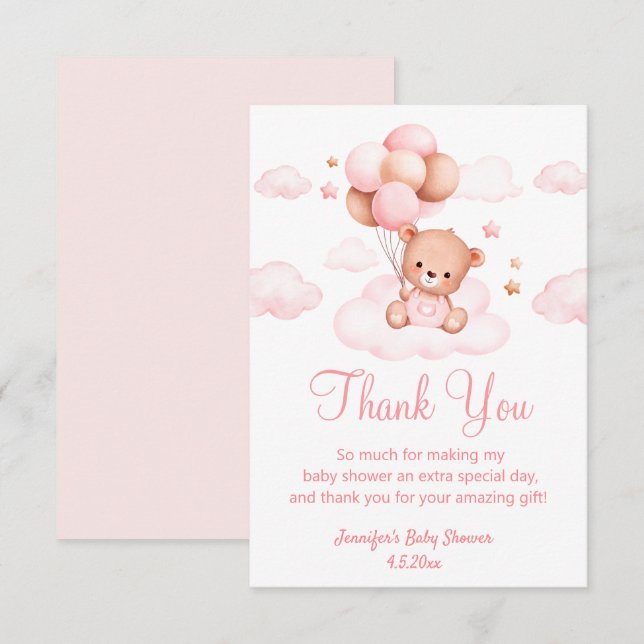 Carte De Remerciements hé attente, fille baby shower mignon ours rose (Devant / Derrière)