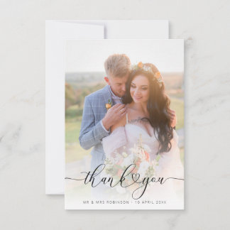 Carte De Remerciements heart script elegant wedding photo thank you