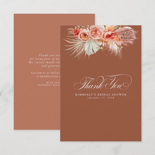 Carte De Remerciements Herbe de Pampa Élégante Fleurs de Terre Cuite Merc (Devant / Derrière)