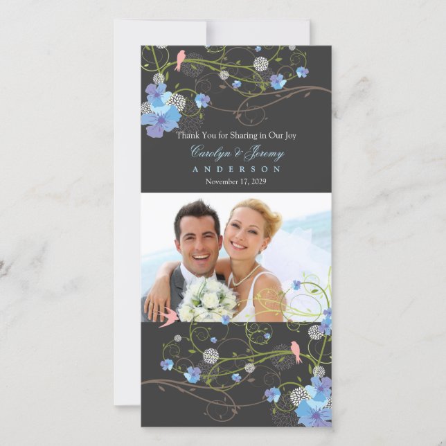 Carte De Remerciements Hibiscus bleu et hirondelles Chic Floral Mariage p (Devant)
