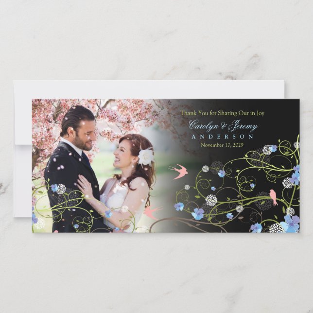 Carte De Remerciements Hibiscus bleu et hirondelles Chic Floral Mariage p (Devant)
