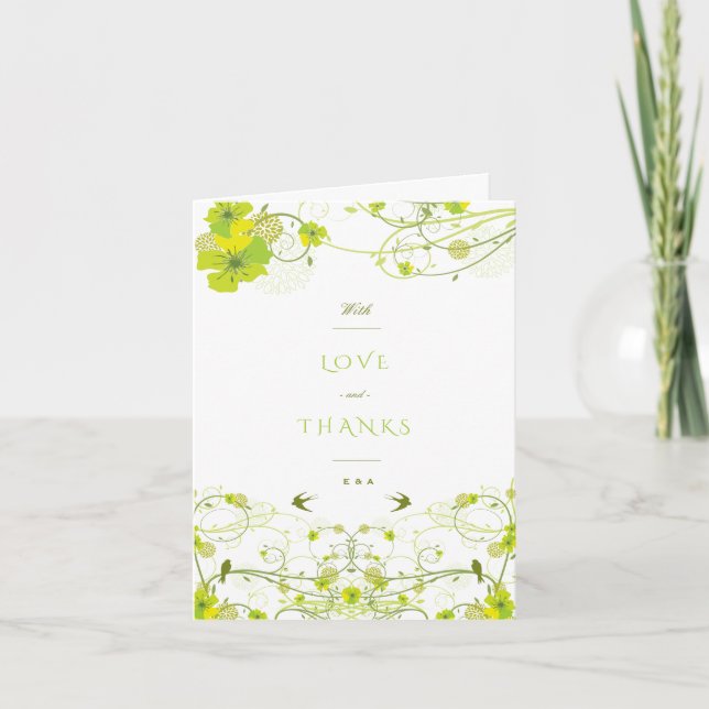 Carte De Remerciements Hibiscus vert Mariage floral et hirondelle (Devant)