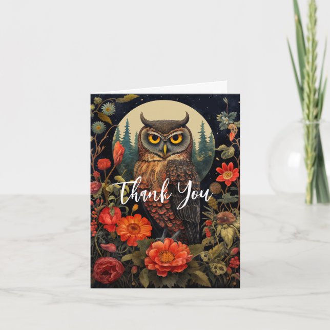 Carte De Remerciements Hibou à la nuit avec Pleine lune (Devant)