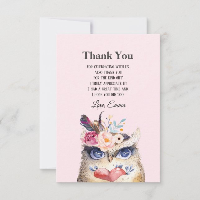 Carte De Remerciements HIBOU, bohémien, boho floral (Devant)