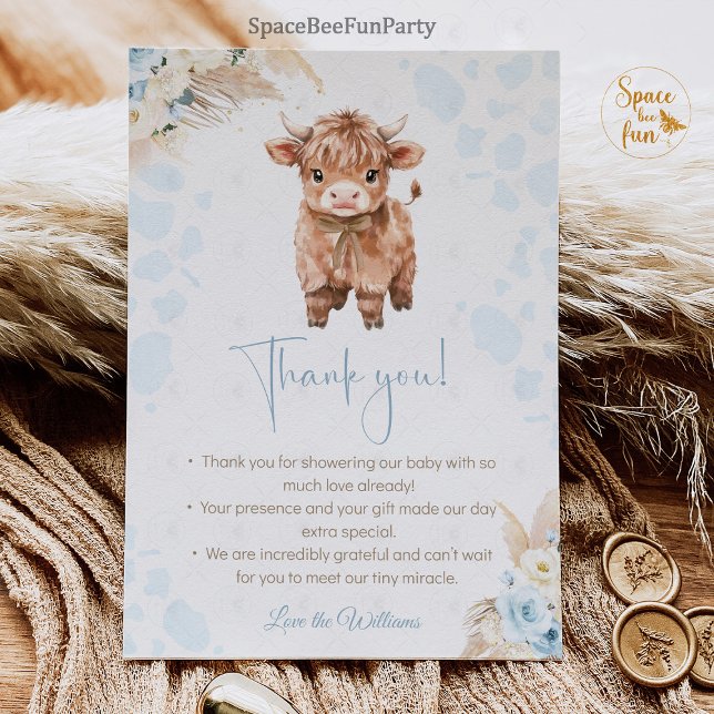 Carte De Remerciements Highland Cow Holy Cow baby shower Boy (highland cow baby shower,holy cow baby shower,baby shower invitation,thank you  card shower,farm ani)