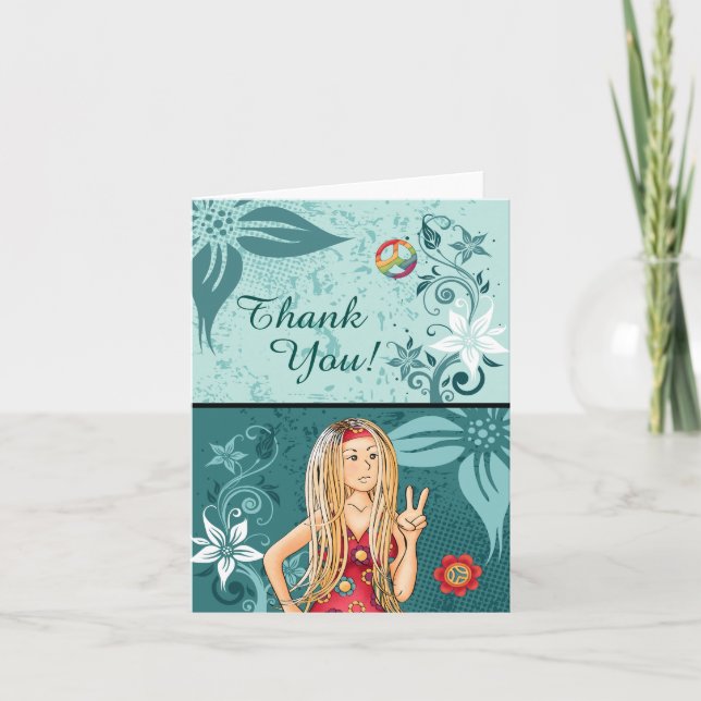 Carte de remerciements hippie de fille de paix (Devant)