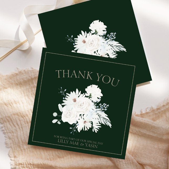 Carte De Remerciements Hiver Blanc Floral et Mariage de Noël vert (Winter White Floral and Green Christmas Wedding Thank You Card)