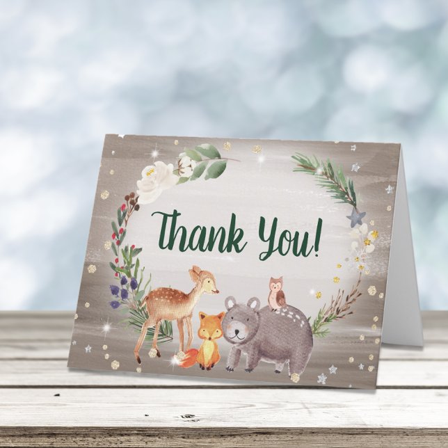 Carte De Remerciements Hiver Bois Animaux Baby shower d'aquarelle (Créateur téléchargé)