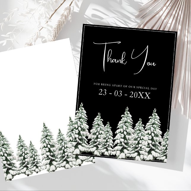 Carte De Remerciements Hiver Noir neige Mariage Noël Arbres (Winter Black and White Snowy Pine Trees Wedding Thank You Card)
