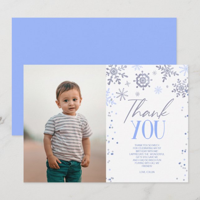 Carte De Remerciements Hiver ONE derland Blue Snowflake fête d'anniversai (Devant / Derrière)