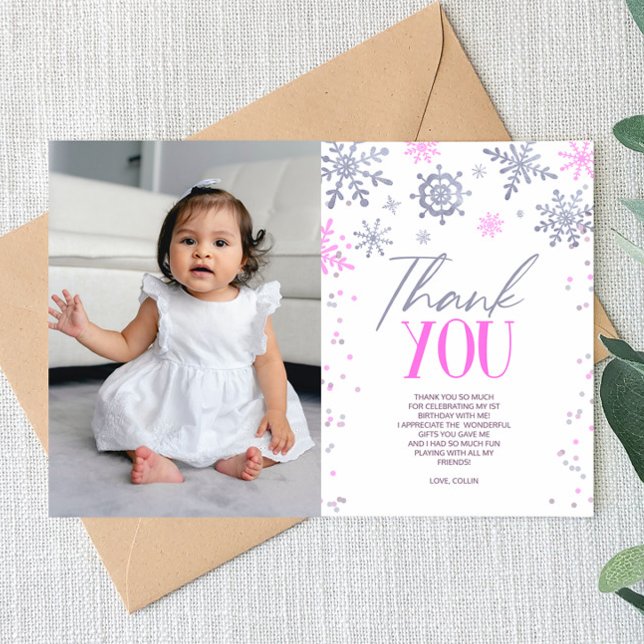 Carte De Remerciements Hiver ONE derland Pink Snowflake fête d'anniversai (Créateur téléchargé)