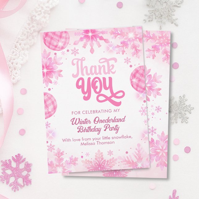 Carte De Remerciements Hiver Onederland Flocon de neige rose Premier anni (Créateur téléchargé)