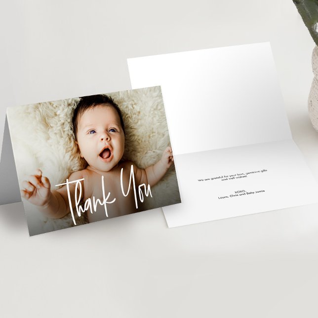 Carte De Remerciements Horizontal Baby Photo Modern Handlettering script (Customizable horizontal Baby photo thank you note card.)