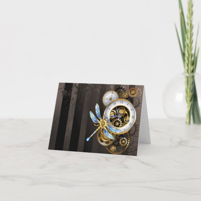 Carte De Remerciements Horloge à vapeur avec libellule mécanique (Devant)