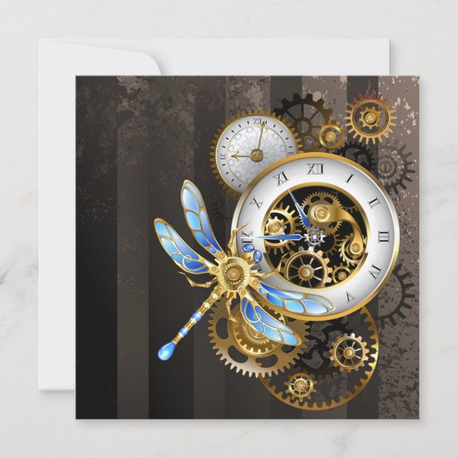 Carte De Remerciements Horloge à vapeur avec libellule mécanique (Devant)