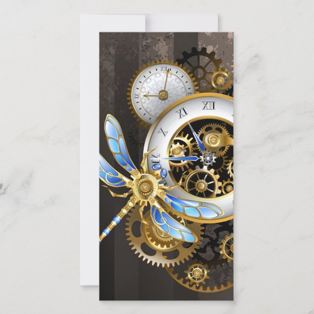 Carte De Remerciements Horloge à vapeur avec libellule mécanique (Devant)