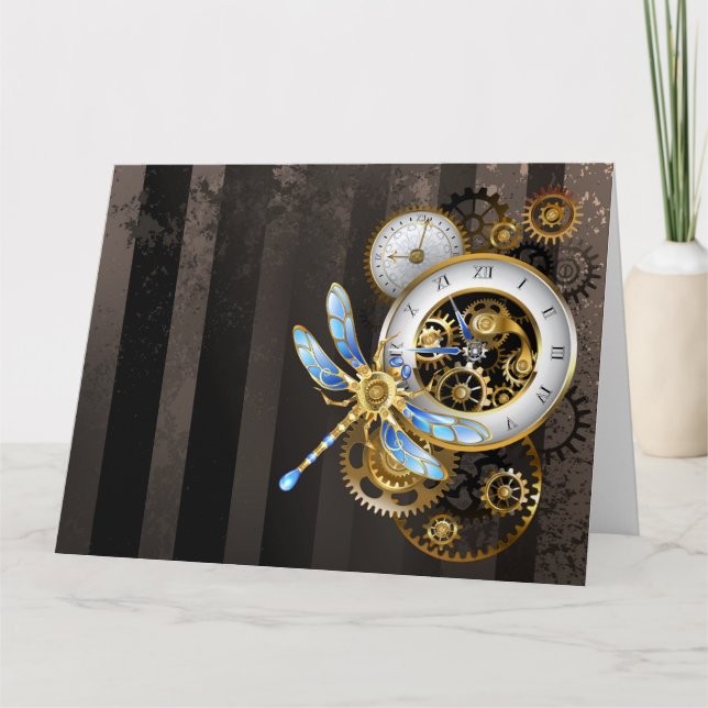 Carte De Remerciements Horloge à vapeur avec libellule mécanique (Devant)