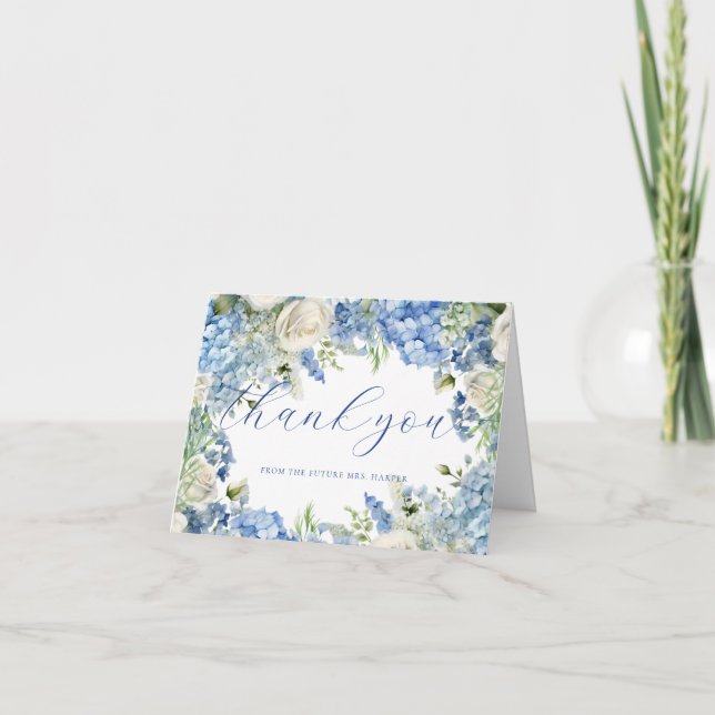 Carte De Remerciements Hortensias Roses Bleu Aquarelle Écriture Élégante (Devant)