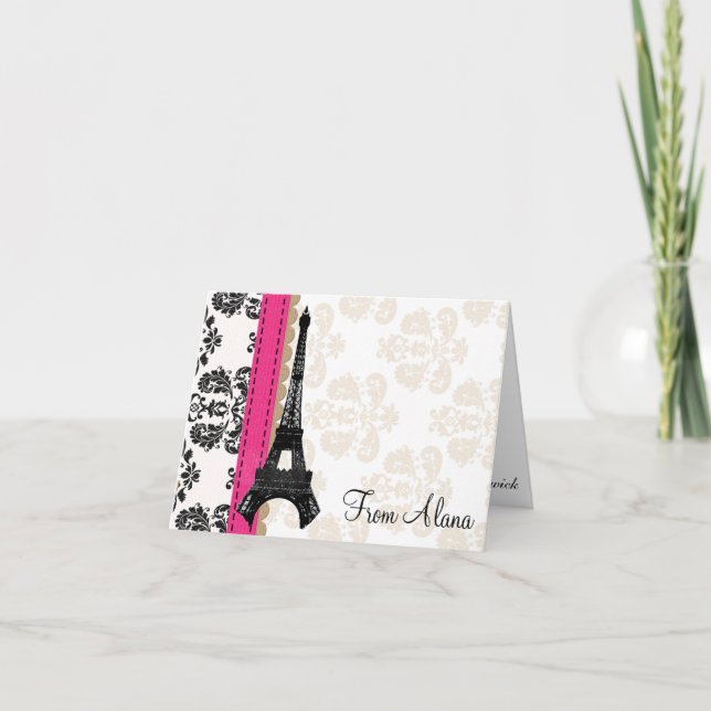 CARTE DE REMERCIEMENTS HOT PINK AND BLACK DAMASK EIFFEL TOWER THANK YOU (Devant)
