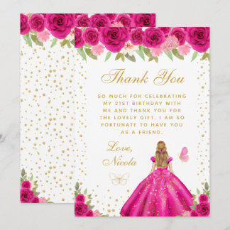 Carte De Remerciements Hot Pink Floral Blonde Hair Princess Birthday