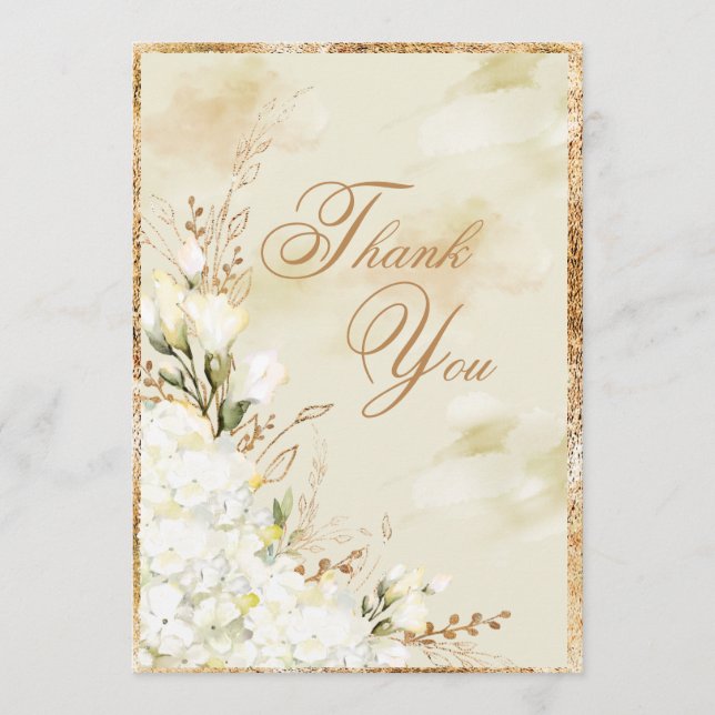 Carte De Remerciements Hydrangea Elegant Blanc Or Floral Mariage  (Devant)
