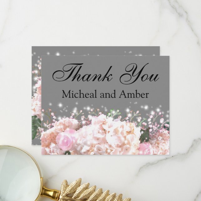 Carte De Remerciements Hydrangeas gris et blanc romantiques roses roses (Devant/Arrière en situation)