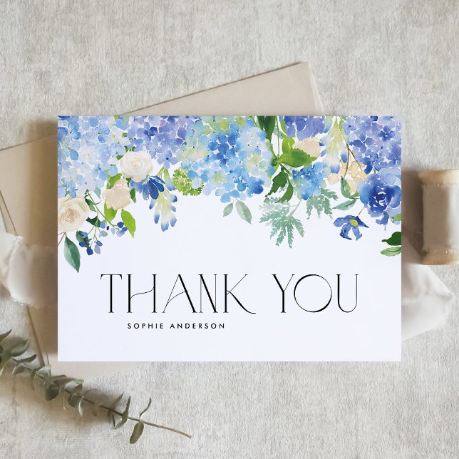 Carte De Remerciements Hydrangées bleues et Mariage Rose d'ivoire (Créateur téléchargé)