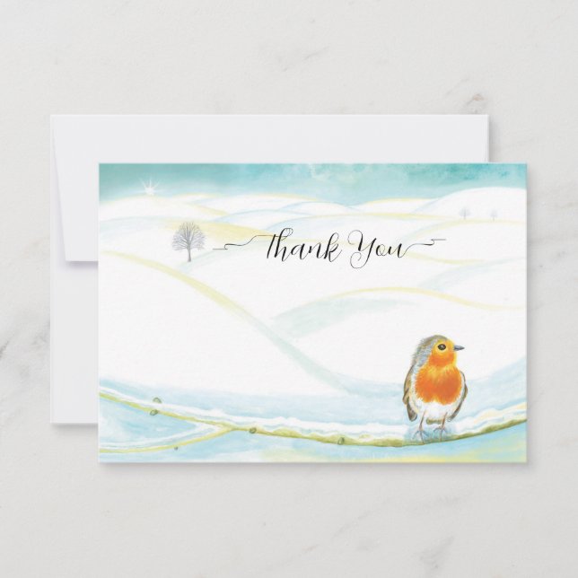 Carte De Remerciements Illustration du paysage de Red Robin Bird & Winter (Devant)