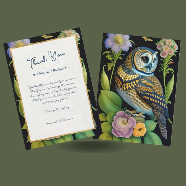 Carte De Remerciements Illustration florale de hibou vert personnalisée (Créateur téléchargé)