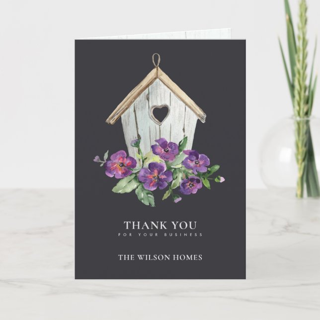 CARTE DE REMERCIEMENTS IMMOBILIER FLORAL NOIR RUSTIQUE BIRDHOUSE REALTOR (Devant)