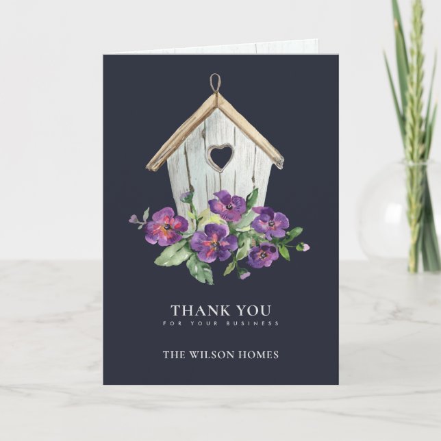 CARTE DE REMERCIEMENTS IMMOBILIER FLORAL RUSTIQUE NAVY BIRDHOUSE REALTOR (Devant)
