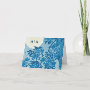 Carte De Remerciements Initiales en fleurs de cerisier bleu japonais