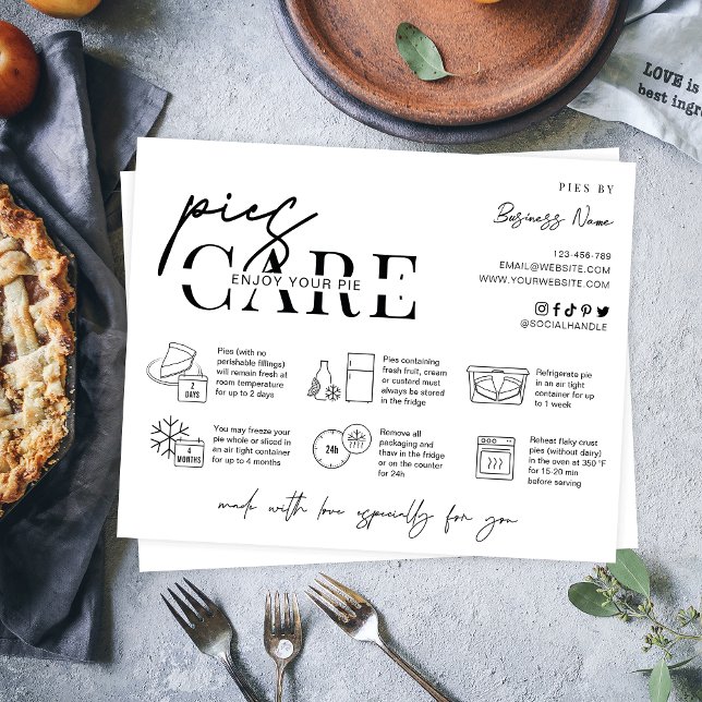 Carte De Remerciements Instructions de soin Pies minima moderne logo boul (Minimalist pie care instructions card with icons, space for your business info and thank you note)