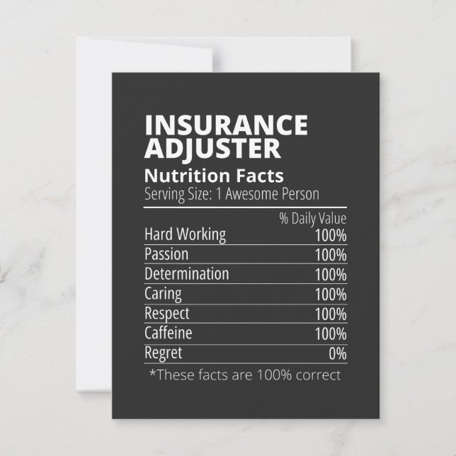 Carte De Remerciements Insurance Adjuster Nutrition Facts Funny (Devant)