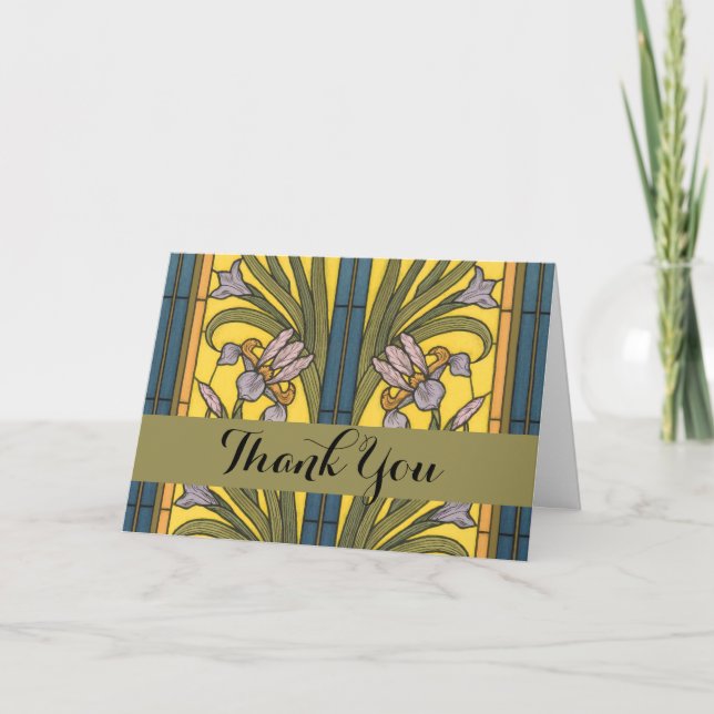 Carte De Remerciements Iris Fleur Art Nouveau Vitrail Bleu Or (Devant)