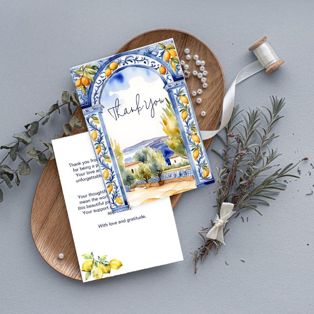 Carte De Remerciements Italien Bleu carreaux arc citrons nuptiale douche (Italian Blue tiles arch lemons bridal shower Thank You Card watercolor majolica talavera tiles lemon)