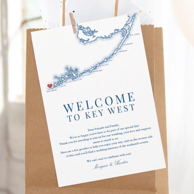 Carte De Remerciements Itinéraire d'accueil du Mariage bleu de la marine  (Key West FL Map Wedding Welcome Letter Schedule of Events for an elegant navy blue wedding)